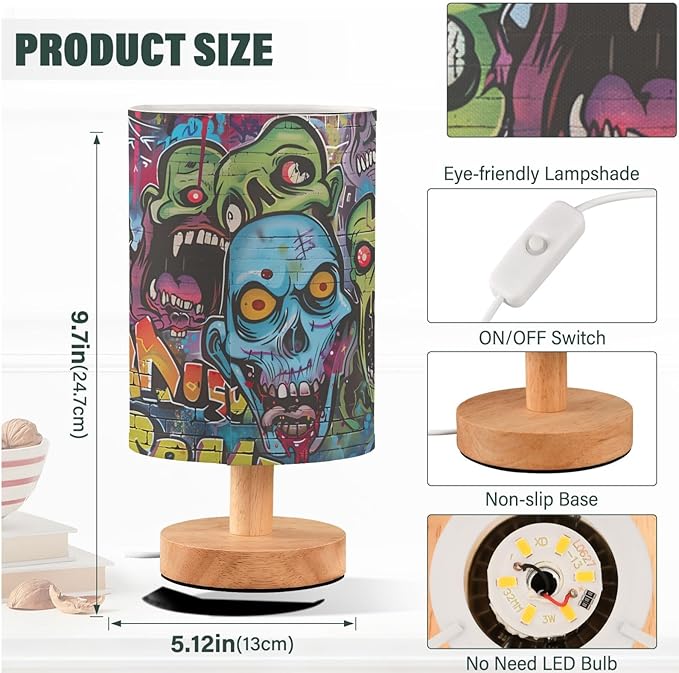 Graffiti Art Zombie Green Scary Walking Dead Bedside Table Lamps with USB Port for Bedroom Lamp Accent Table Lamp Small Nightstand Lamp Sturdy Linen Shade Wood Decorative Lamps for Home|Kids|Holiday