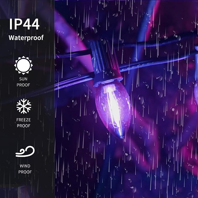 C7 Purple Halloween Lights Outdoor Indoor, 10FT Waterproof LED String Lights with Black Wire for Patio, Window, Door, Party Backdrop Décor
