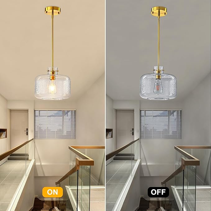 WILON Gold Pendant Lights Kitchen Island, Embossed Clear Glass Chandelier Pendant Light Fixture, Industrial Round Ceiling Pendant Light Fixture for Dining Room Kitchen Island Foyer Entryway(Brass)