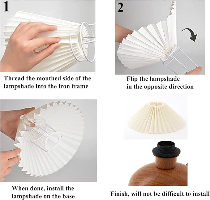 KUNJOULAM Cute Small Pleated Lamp, Modern Bedside Nightstand Light with Beige Lampshade, Wooden Pattern Metal Base Desk Lamp for Bedroom, Home Office, Living Room