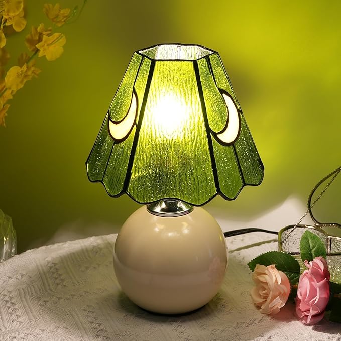 Mushroom Lamp Tiffany Lamp Stained Glass Table Lamp Moon Cute Small Bedside Lamps for Living Room Home Decor,Unique Aesthetic Home Living Room Decor Girls Women Birthday Day Gift,Green