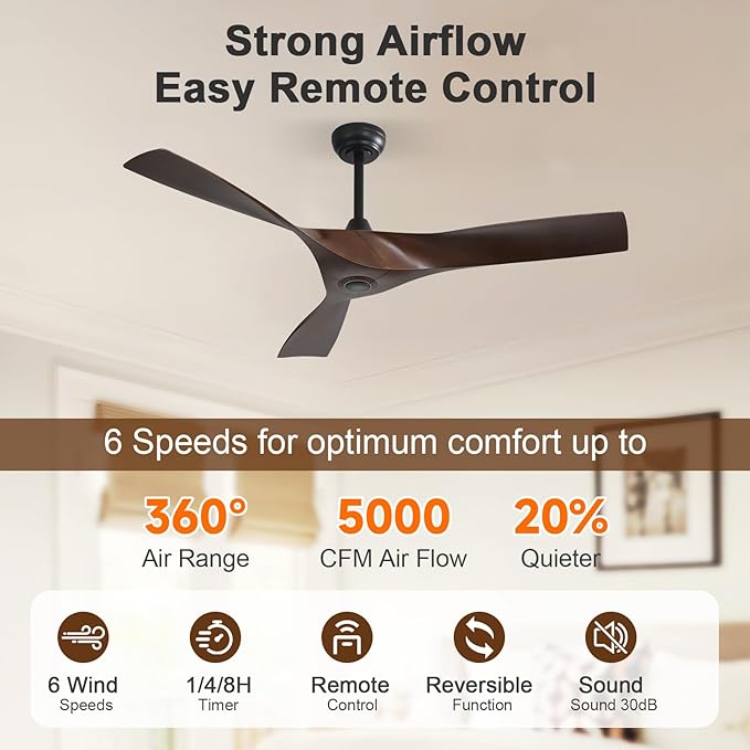 CACI Mall Ceiling Fan No Light, 52 inch Low Profile Flush Mount Modern Ceiling Fan with Remote Control and Reversible DC Motor, for Bedroom Living Room Patio Indoor Outdoor, Brown