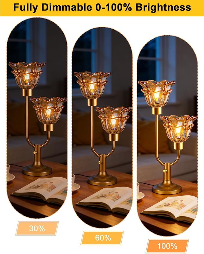 Lightdot Mid Century Modern Flower Table Lamp Gold Dimmable U-Shaped Brown Glass Desk Lamps with 2Pcs 3000K Warmwhite Bulbs Included Bedside Nightstand Lamp for Living Room Bedroom