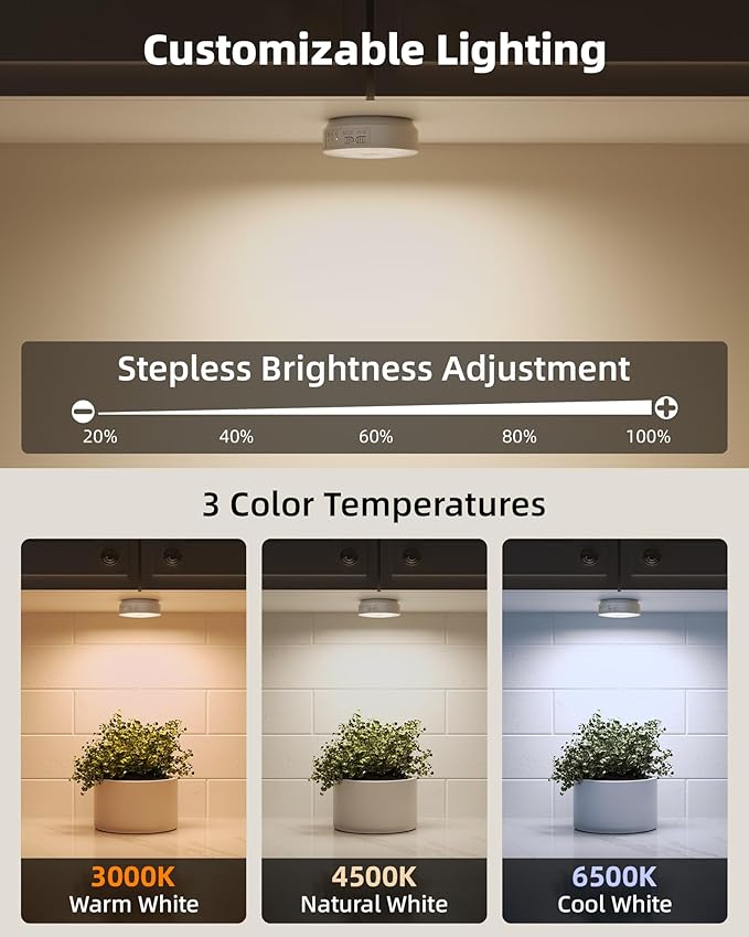 EZVALO 4 Pack Motion Sensor Closet Lights with Charging Station, 1200mAh Rechargeable LED Under Cabinet Lighting, Puck Light, Dimmable, 3 Color Temps, Magnetic, Stick on for Kitchen, Closet, Stairs
