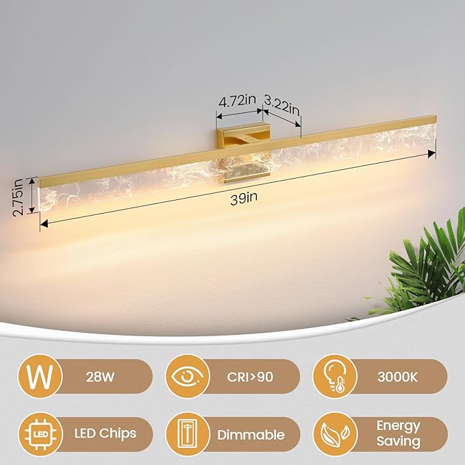 39-Inch Brushed Gold Vanity Light Fixture, 28W Dimmable LED Modern Light Bar for Bathroom Mirror, Restroom, Bedroom (3000K)