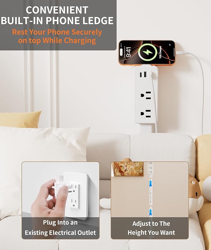 2 Pack Electrical Outlet Extender Stick Features 2 USB-A, USB-C and 2 AC Outlets, Extendable to 6", 15.3", 24.5", 34", for Hard to Reach Spaces Use Behind Couches, Nightstands, Desks, and More
