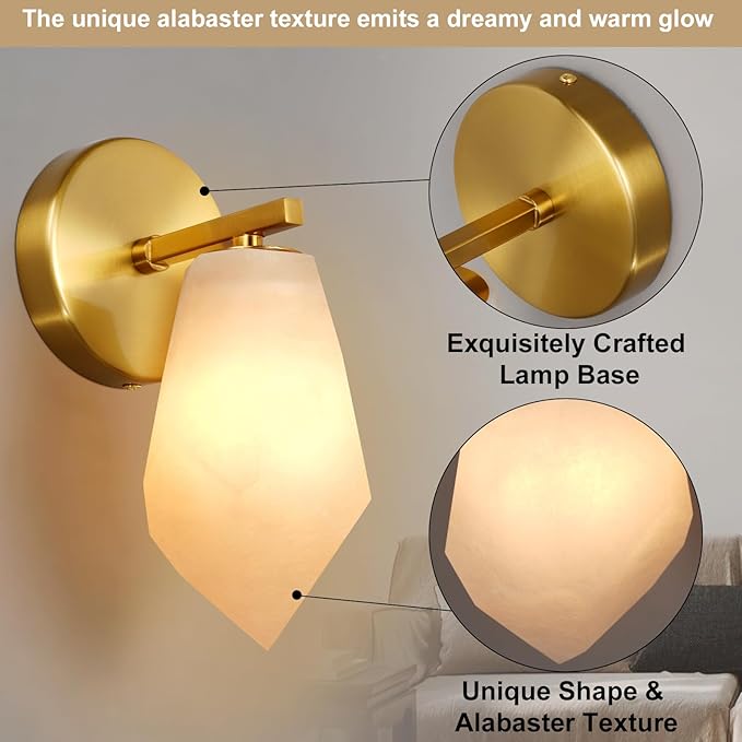 Alabaster Wall Sconces Set of Two, Spanish Marble Wall Lamp, Modern Wall Sconce for Living Room, Hardwired Wall Lighting for Bedroom, Wall Light for Bathroom Hallway Stairs, Gold