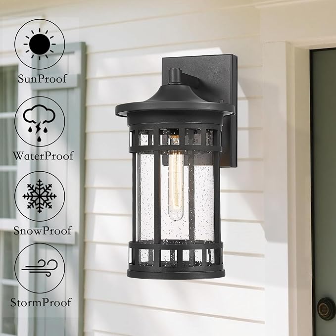 Outdoor Wall Sconce, Farmhouse Outdoor Wall Light with Seeded Glass, Waterproof Exterior Lighting Fixture, Anti-Rust Outside Lantern Lamp for Patio Yard Hallway Doorway Garage (Black,16.7 Inch Height)