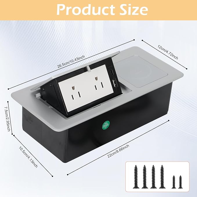 Table Pop Up Outlet Automatic Pop Up Strip Center Countertop Recessed Power Strip with 15W Wireless Charger + USB A + USB C + 2AC 5.9Ft Cord for Conference Desk Office Kitchen (Silver-Wireless)