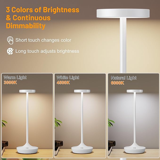 Cordless Table Lamp Rechargeable - 6000mAh LED Battery Operated Table Light - Portable Touch Dimmable Outdoor Waterproof Table Lamps for Patio Bar Restaurant Dining (2 White)
