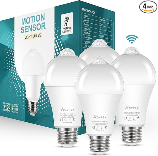 Motion Sensor Light Bulbs, Dusk to Dawn, 13W 100W Equivalent, Movement Activated Security LED Bulb, 5000K Cool White, for Outdoor Indoor, Porch Garage Basement Hallway Closet, 4 Pack