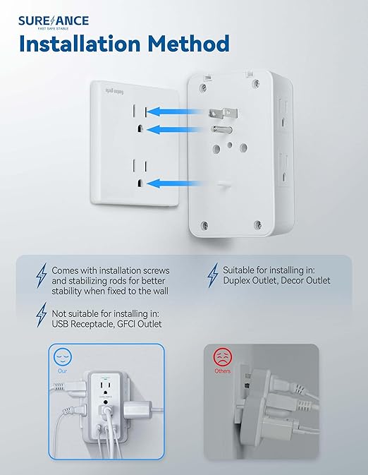 Multi Plug Wall Outlet, SUREANCE 6-Outlet Extender with Night Light, 3 USB Ports, 3-Sided Power Strip with Adapter Spaced Outlets,1050J Wall Charger, for Home Office Dorm Essentials