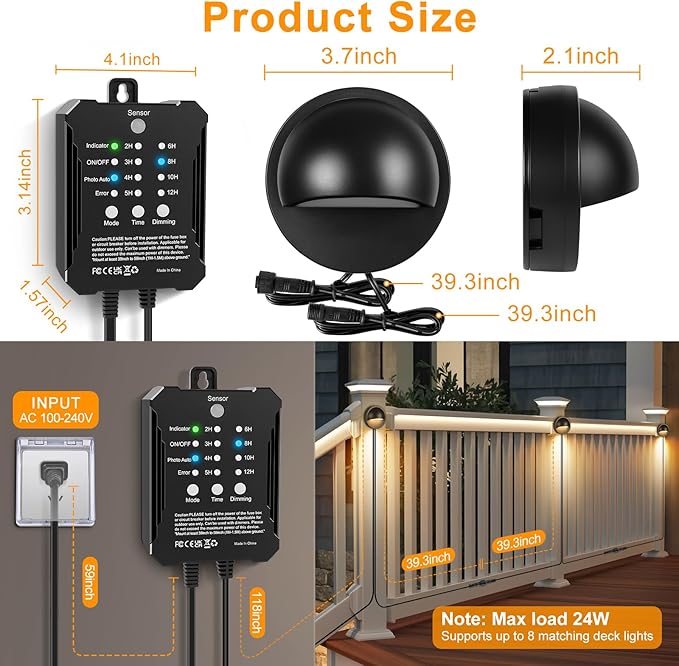 Low Voltage LED Deck Lights Kit with Transformer Timer, Dusk-to-Dawn Outdoor Step Lights Waterproof IP67, Warm White, Surface Mount Stair Lights for Deck, Patio, Railing, Fence (6 Pack)