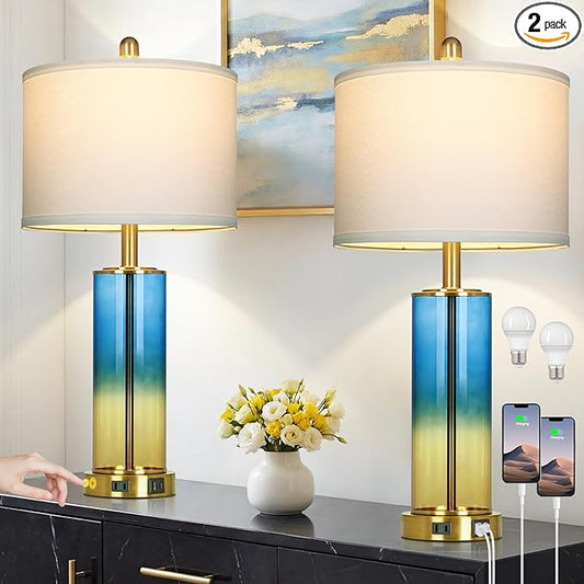 26" Blue and Gold Glass Lamps Set of 2, 3-Way Dimmable Touch Coastal Bedroom Table Lamp with USB C+A Ports & AC Outlet, Elegant Brass Living Room Lamp, Nautical Bedside Lamps for Night Stands