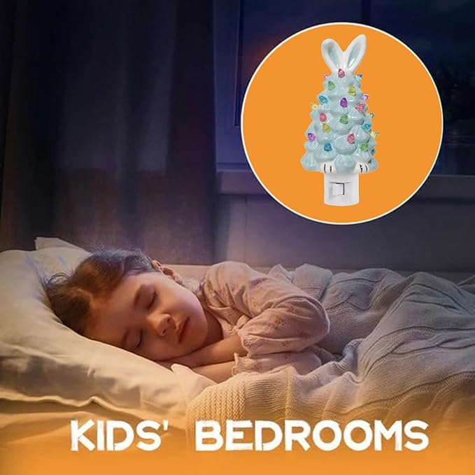 Easter Bunny Tree,Bunny lamp,Glowing Bunny Imitation Ceramic Tree,Resin Bunny Figurine with Colorful Lamp,Light Up Tree with Rabbit Ears,Easter Night Light for Home Decorations (E)