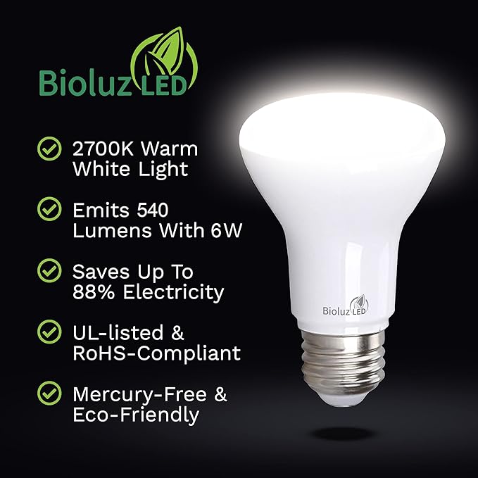 Bioluz LED Light Bulb BR20 Light Bulbs 2700K Bright Warm White LED Bulbs 6W=50W Replacement 90 CRI 540 Lumen Indoor/Outdoor UL Listed CEC Title 20 Compliant Home Decor LED Lights for Bedroom - 10 Pack