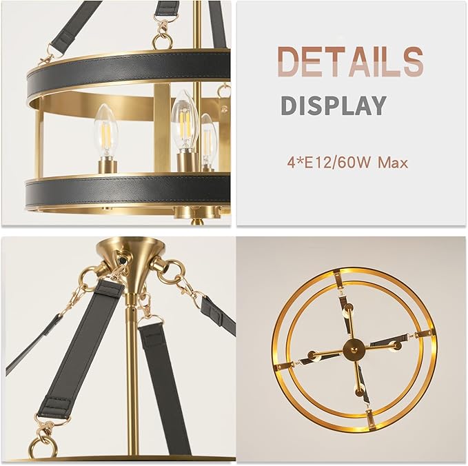 Farmhouse Ceiling Chandelier,18 Inch Antique bronze aluminum black leather belt trim Modern Rustic Hanging Pendant Ceiling Light Fixture for Living room, Dining room, Bedroom, Kitchen（4 Light）