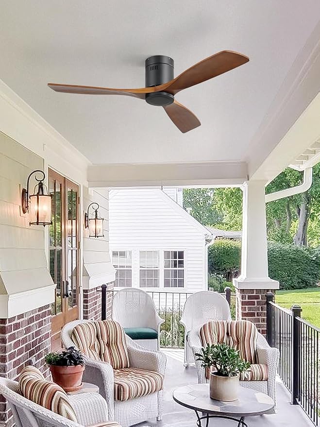 Sofucor Ceiling Fan no Lights, 52 Inch Low Profile Flush Mount Wood Ceiling Fan with Remote for Indoor Farmhouse Bedroom Living Room Outdoor Patio Porch, 3 Blades, Reversible DC Motor, Noiseless