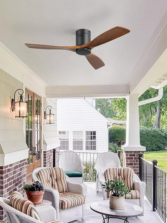 Sofucor Ceiling Fan no Lights, 52 Inch Low Profile Flush Mount Wood Ceiling Fan with Remote for Indoor Farmhouse Bedroom Living Room Outdoor Patio Porch, 3 Blades, Reversible DC Motor, Noiseless