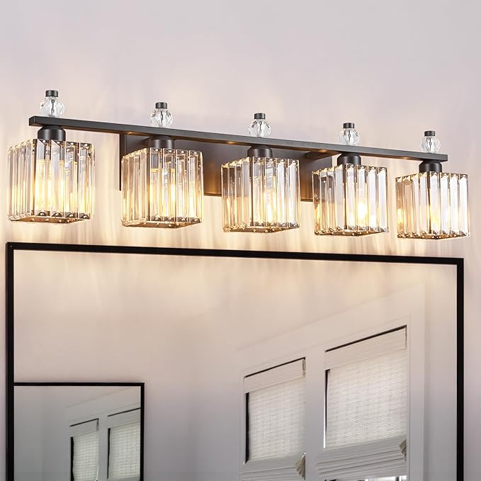 Vanity Lights 5-Light Modern Crystal Vanity Light Sand Black Bathroom Light Fixtures Over Mirror Crystal Bathroom Vanity Lighting Fixtures