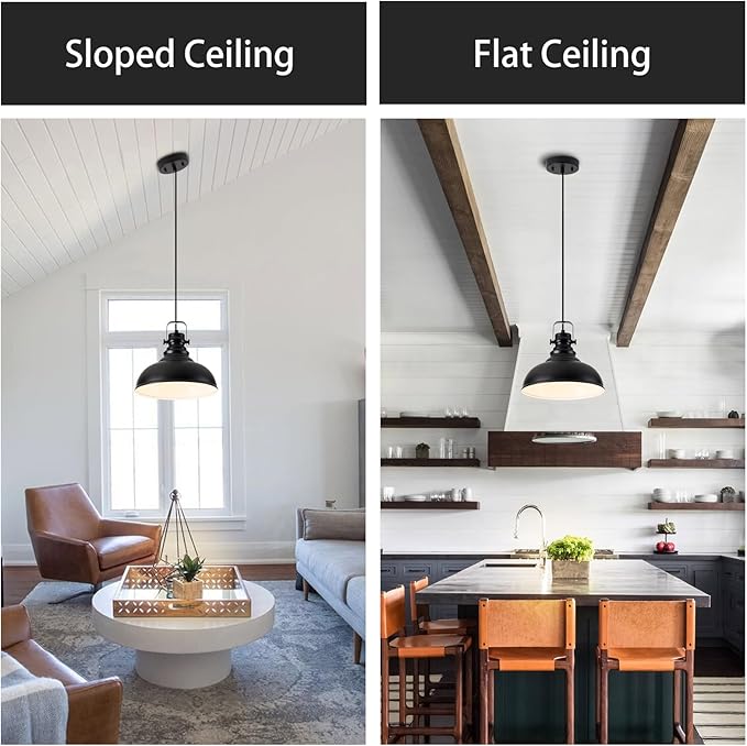 Industrial Pendant Light Fixture, Farmhouse Decor Adjustable Metal Hanging Lamp, Vintage Pendant Lighting for Kitchen Restaurant Dining Room Cafe, E26 Base Black (Black, 1 Pack)