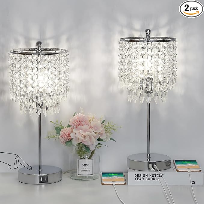 Boncoo Crystal Table Lamp Set of 2 Touch Control, Crystal Lamps with USB Ports Elegant Shade Bedside Lamp Silver, Dimmable Touch Table Lamp for Nightstand Bedroom Living Room, 4W LED Bulb Included