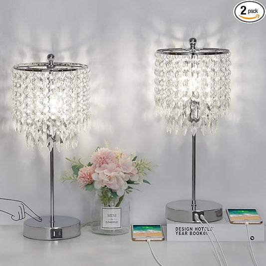 Boncoo Crystal Table Lamp Set of 2 Touch Control, Crystal Lamps with USB Ports Elegant Shade Bedside Lamp Silver, Dimmable Touch Table Lamp for Nightstand Bedroom Living Room, 4W LED Bulb Included