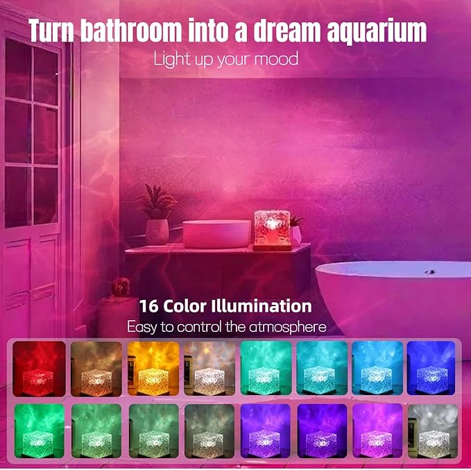 Rechargeable Ocean Wave Projector Light, 16 Color Changeable & Dimmable Shower Lamp with Remote, Cube Mood Ambient Lighting, Ocean Room Decor, Cordless Night Light for Bathroom, Room Decor