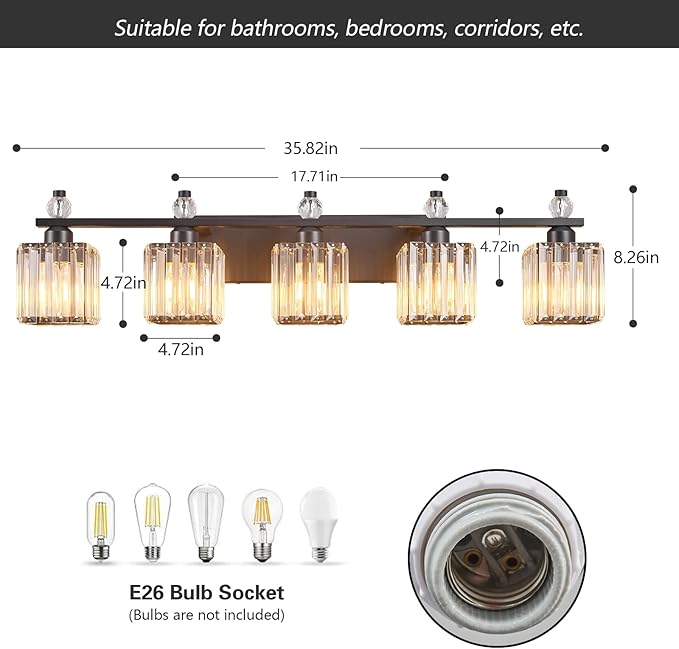 Vanity Lights 5-Light Modern Crystal Vanity Light Sand Black Bathroom Light Fixtures Over Mirror Crystal Bathroom Vanity Lighting Fixtures