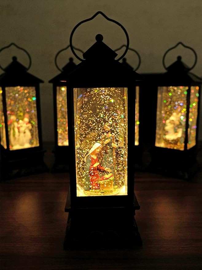 DRomance Nativity Music Snow Globe Lantern with Timer Battery Operated & USB Powered Lighted Singing Snow Globe Lamp Spinning Water Swirling Glitters Christmas Decor 4" x 4" x 12"