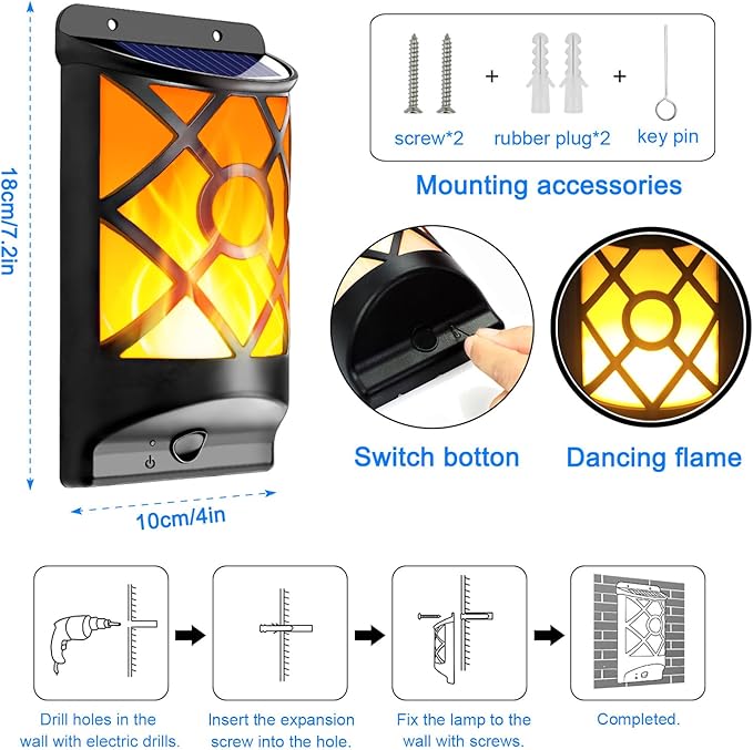 Solar Flame Lights Outdoor, Realistic 3D Flickering Flames with 66 Ultra-Bright LEDs - IP65 Waterproof Wall Mount Lanterns for Deck, Fence, Patio, Garden, Auto On/Off (4-Pack Value Set)