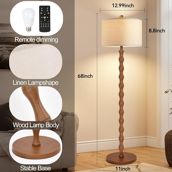 Wood Floor Lamp with 3 Color Temperatures,Boho Floor Lamp with Remote Control,Dimmable Vintage Floor Lamp Mid Century Modern Standing Lamp Farmhouse Tall Pole Lamp for Living Room Bedroom