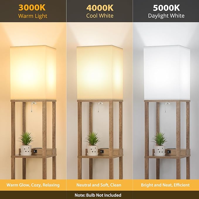 Mlambert Modern Shelf Floor Lamp with Wireless Charger & Fast Charging USB Ports & Type C Port & 2 Power Outlets,3 Tier Storage Lamp for Bedroom(Wood)