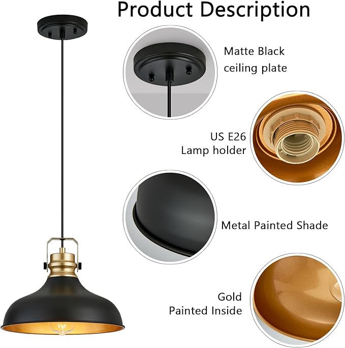 Black and Gold Farmhouse Pendant Lights Matte Pendant Lighting for Kitchen Island Industrial Adjustable Height Vintage Dome Hanging Light Fixtures for Barn, Dining Room 2 Packs