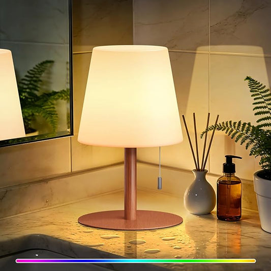 uuffoo Shower Lamp Waterproof Warm White & RGB Shower Light Dimmable LED Rechargeable Table Lamp Cordless Outdoor Lamps Portable for Indoor Outdoor Bathroom Home Patio H9.8in D6.3in (Wood Grain)