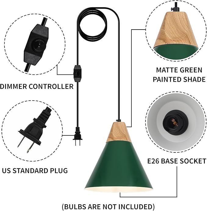 Green Plug in Pendant Light, 2 Pack 9.4inch Hanging Lights with Plug in Cord 14.7 ft, Hanging Pendant Light, Hanging Lamp Plug in for Bedroom Living Room Kitchen Island