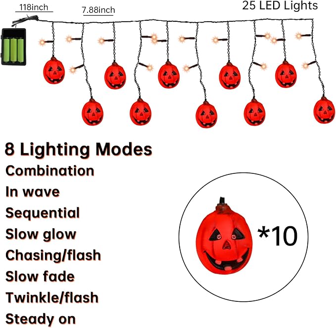 6FT 25LED Halloween Pumpkin String Lights, Icicle Light Strand with 10 Orange Jack O'Lantern, 8 Lighting Modes, Battery Operated, Indoor Outdoor Holiday Decoration