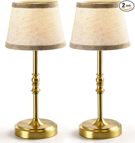 Small Gold Rechargeable Table Lamp,12-14 Inch Tall Vintage Style,Battery Powered Cordless Desk Lamp,Mini Touch Control Bedside Lamp,Warm Light 3000K for Nightstand Bedroom Counter Living Room-2 Pack