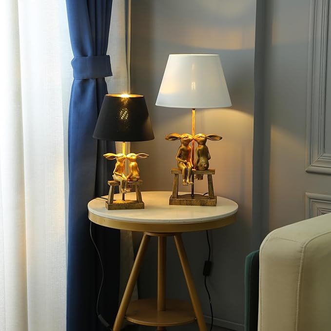 Kissing Bunny Lamp, H16in Gold Resin Rabbit Table Lamp, Valentine's Day Heartfelt Token, Energy Saving Night Light for Bedroom & Nightstand(Small Black Shade)