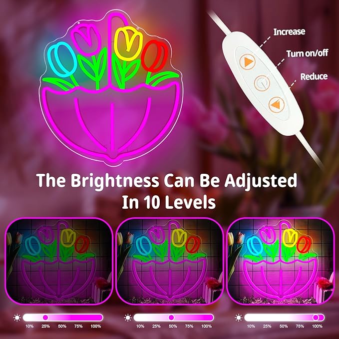 Spring Flower Umbrella Neon Sign Dimmable Tulips Neon Lights April Showers Bring May Flowers Led Sign Easter Wall Art Spring Decorations for Office Classroom