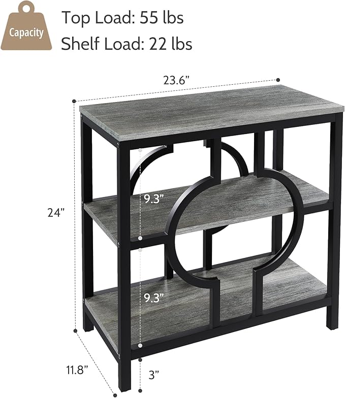 End Table, Narrow Side Table with 3-Tier Storage Shelves, Wood Sofa Side Table with Geometric Metal Frame for Living Room, Industrial Bedside Nightstand for Bedroom (1, Rustic Gray)
