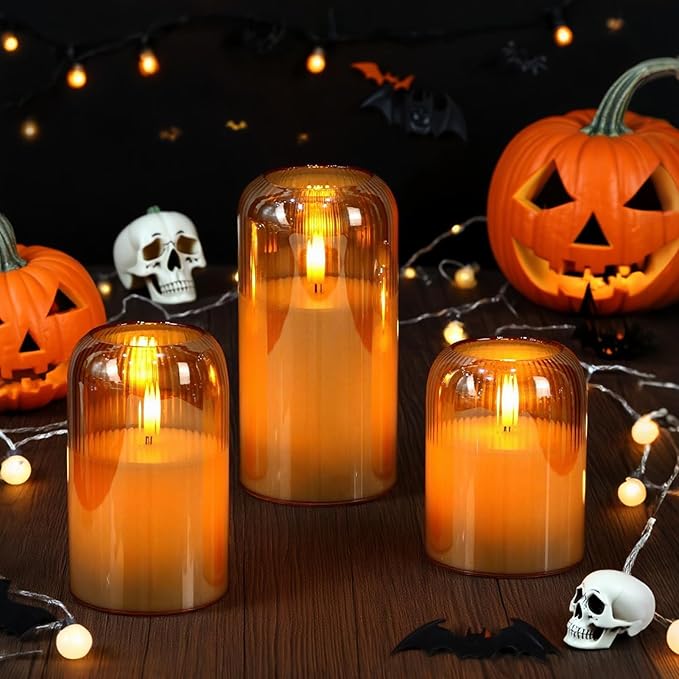 DRomance Glass Flameless Candles with Remote and Timer Battery Operated 3 Pack Real Wax Striped Gold LED Flickering Pillar Candles Dinner Wedding Halloween Christmas Holiday Decor(3" D x 4",5",6" H)