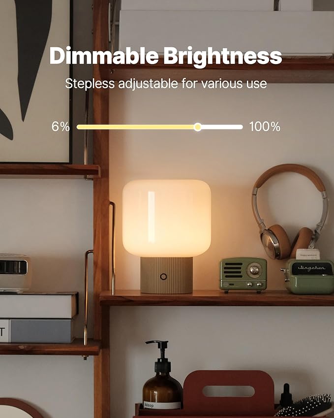 Halo Mushroom Lamp, 5W Cute Cordless Rechargeable Table Lamp with Glass Shade, 3 Color Temps LED Dimmable Ambient Lighting, Small Retro Touch Bedside Light for Bedroom Decor, Mustard Yellow