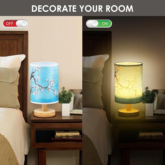 Fabric Wood Table Lamp for Bedroom, USB LED Bedside Night Lamp with Linen Fabric Lampshade, Decorative Bedroom Nightstand Light, Vintage Small Nightlight for Home Office Hotel Present(Style 2)