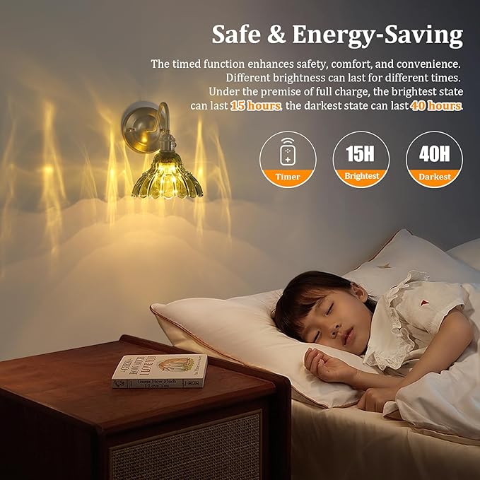 Battery Operated Wall Sconce Set of 2, Vintage Rechargeable Wall Lights with Green Lily Glass Shade, Wireless Indoor Wall Lamp with Remote for Bedroom Living Room Bathroom