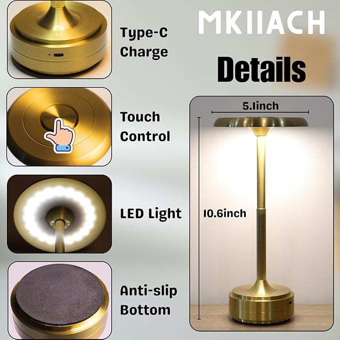Small Table Lamp With 5200mah Battery - Rechargeable Desk Lamp For Cozy Nights, Usb-C Fast Charging & Stepless Dimming, Cordless Table Lamp With 3 Lighting Modes For Bedroom, Office & Travel(Gold)