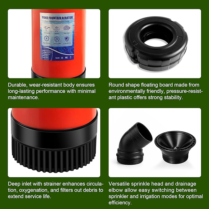 Pond Fountain Aerator 750W, 1HP 15000 GPH Floating Aerating Pump, 120ft Power Cord for Small & Large Ponds & Lakes (120V)