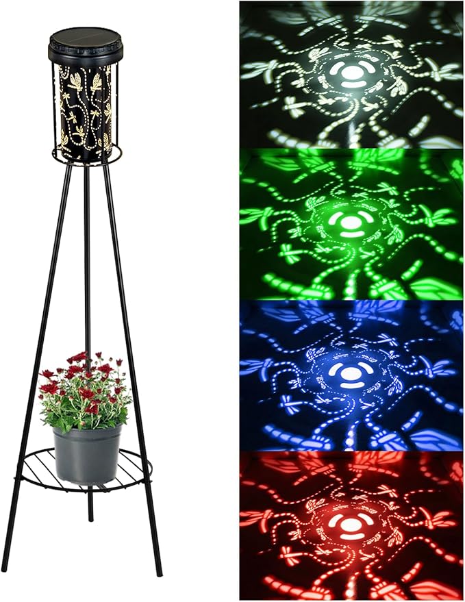 RGB Dragonfly Projection Solar Floor Lamps Outdoor,Metal Floor Light with Plant Stand,42.48" Decorative Waterproof Lighting for Garden,Patio,Porch,Yard,Deck