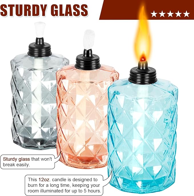 Nonley Glass Table Top Torches, 4 Pack Citronella Torches for Outside, 12oz Flame Light Torch,Refillable, Wick and Cap Included, Landscape Lanterns Torches for Garden Yard Patio Party Decor