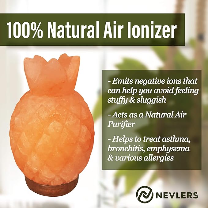 Nevlers Pineapple Shape Pink Himalayan Salt Lamp w/Wood Base| 7-8 lbs & 7"- 8" Tall Himalayan Pink Salt Lamp w/Dimmer Cord & Light Bulb| 100% Salt Rock Lamp | Ambient Salt Crystal Lamp for Home Decor